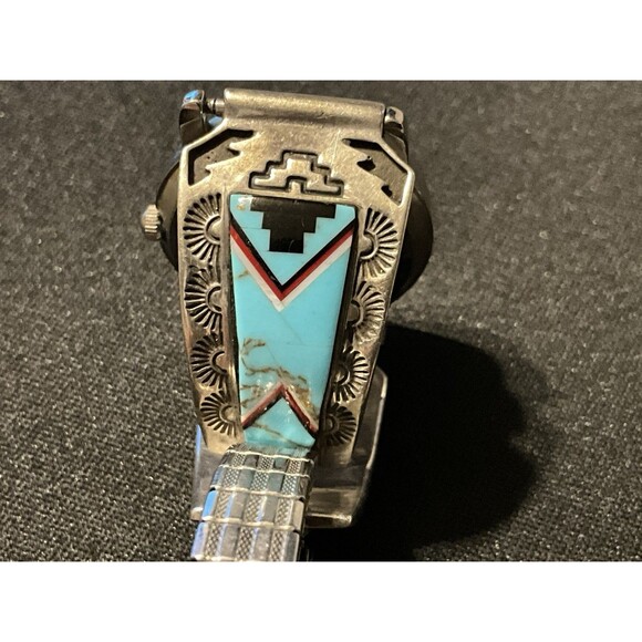 Vintage Sterling Turquoise MOP Face Nadia Artist Signed Native Wrist Watch - Picture 8 of 8